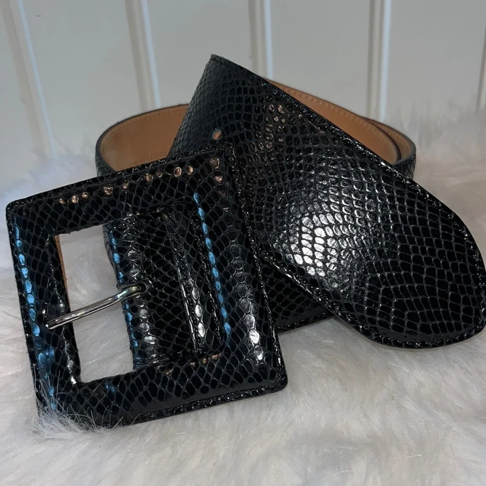 Black Snake-Embossed Wide Italian Leather Belt